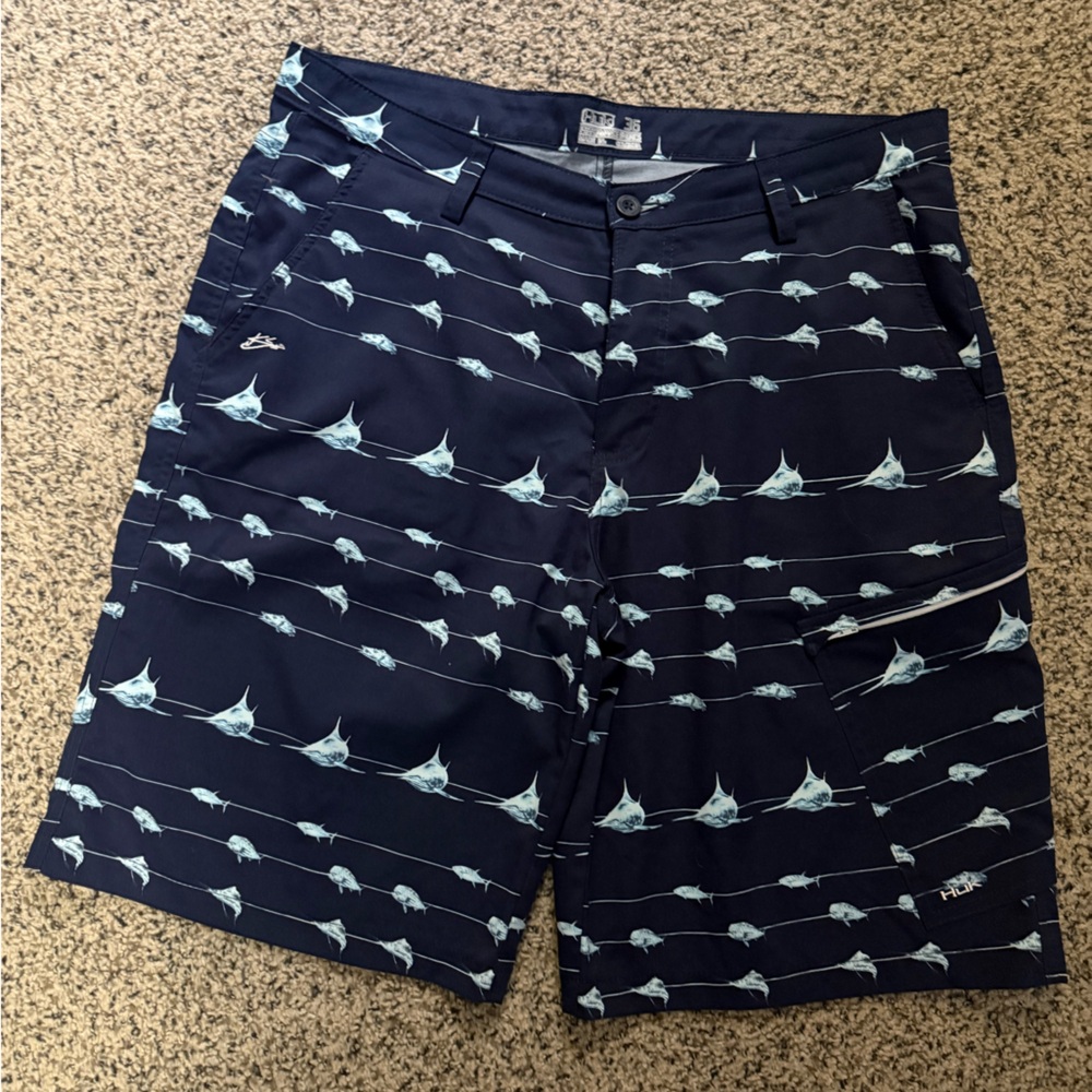 Huk Men's Swim Shorts - Navy and with Light blue Marlins